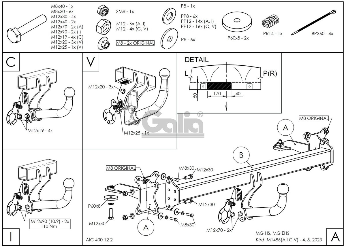 Оцинкованный фаркоп GALIA для MG HS (Mk.I) 2021- Шар А