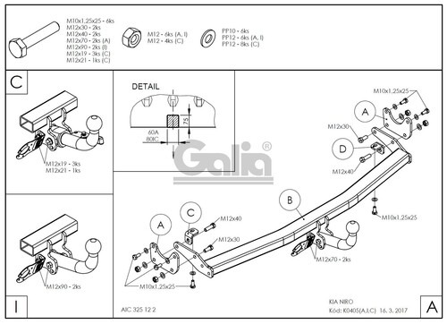 Оцинкованный фаркоп GALIA для Kia Niro DE (MK.I) 2016-2021 Шар А