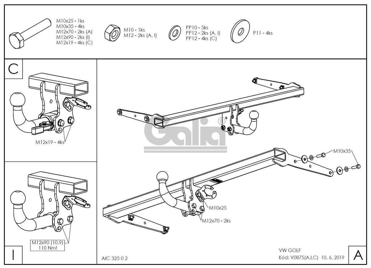 Фаркоп оцинкованный GALIA для Volkswagen Golf (Mk.VIII) хетчбек 3/5 дверей 2018- шар А фото 2