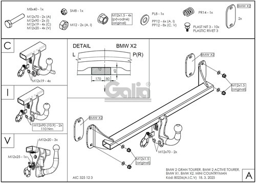 Оцинкованный фаркоп GALIA для MINI Countryman 2017-2024 /  MINI Clubman 2015-2024 /  BMW X2 F39 2018-2024 / BMW X1 F48 07/2015-2022 / BMW 2-Series Active Tourer F45 2014-2021/ BMW 2-Series Gran Tourer F46 2015-2021 Шар V