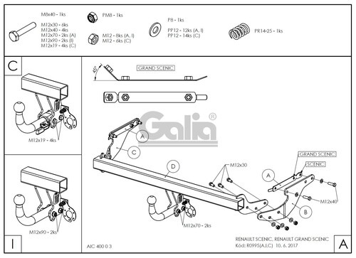 Фаркоп оцинкованный GALIA для Renault Scenic J9 (Mk.IV) 2016-2022, Renault Grand Scenic R9 (Mk.III) 2016-2022 шар А
