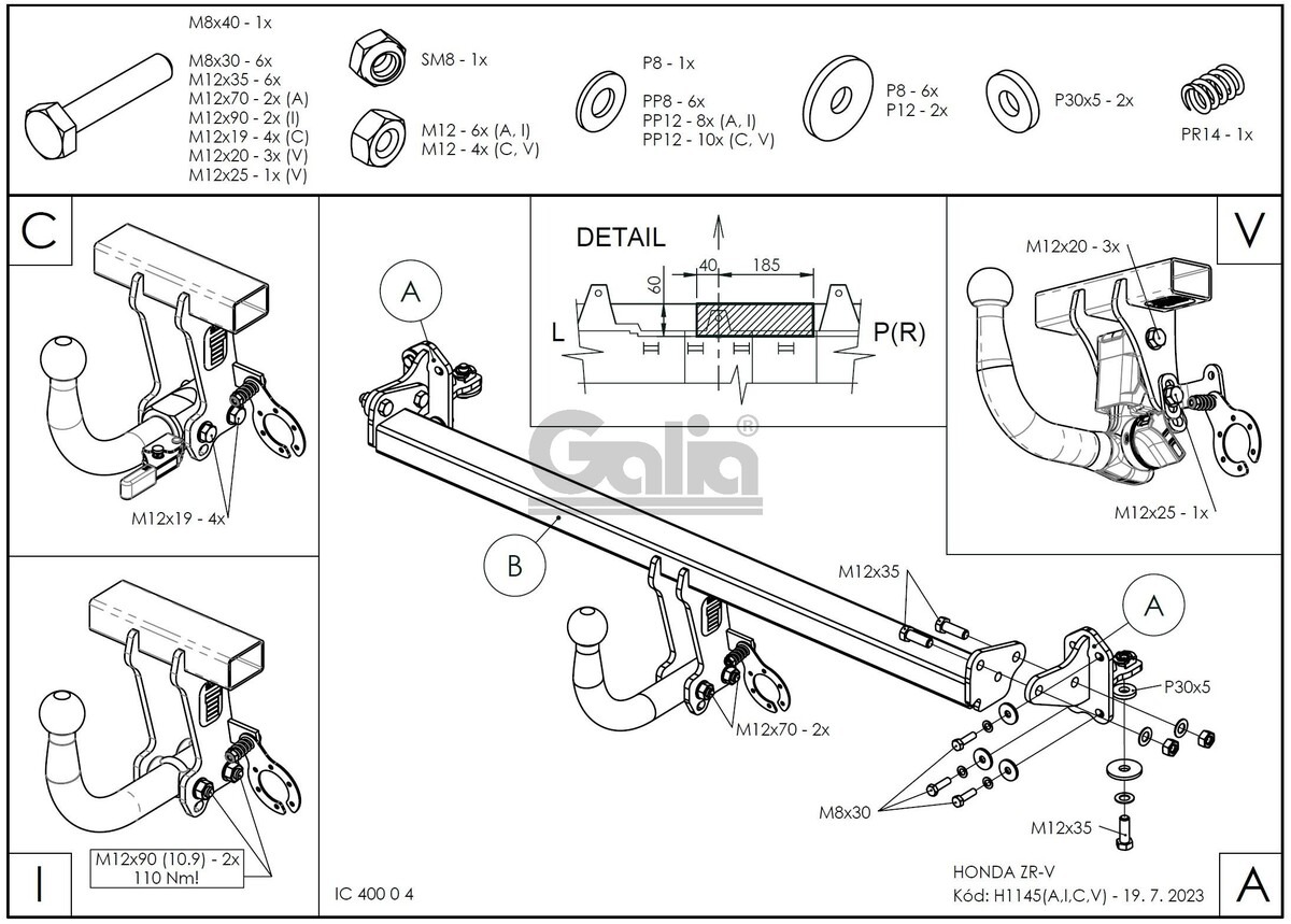 Оцинкованный фаркоп GALIA для Honda ZR-V (Mk.I) 2023- Шар А