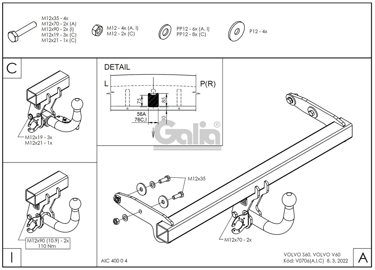 Оцинкованный фаркоп GALIA для Volvo S60 (Mk.II) 2010-2019 /  Volvo V60 (Mk.I) 2010-2019 Шар А
