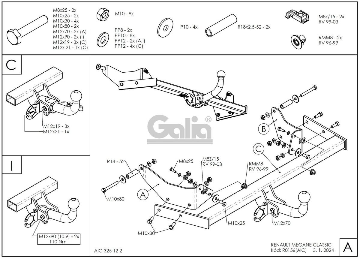 Оцинкованный фаркоп GALIA для  Renault Megane (Mk.I седан) 1996-2003 Шар А
