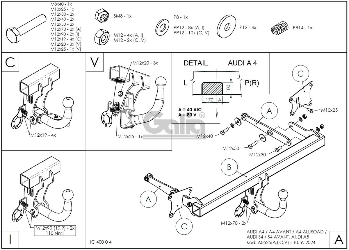 Быстросъёмный оцинкованный фаркоп GALIA для Audi A4 B9 (Mk.V) 2016-2024 /  Audi A4 Avant 2016-2024 /  Audi A4 Allroad Quattro 2016-2024 / Audi A5 2016-2024 Шар С