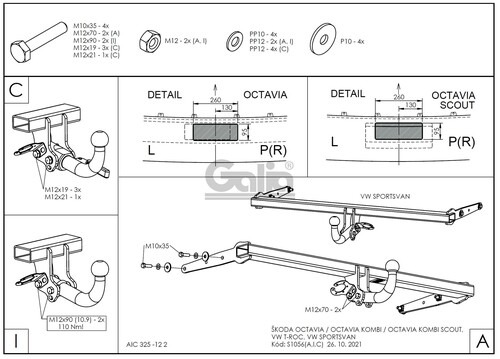 Фаркоп GALIA для оцинкованный Skoda Octavia седан/универсал 2013-2020/ Octavia IV седан/универсал 2020-/ Volkswagen Golf VII Sportsvan рестайлинг 2018-2020/ Volkswagen T-Roc 2017- шар C
