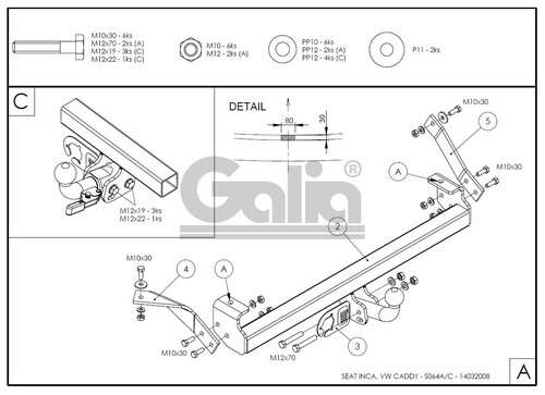 Фаркоп оцинкованный GALIA для SEAT Inca 9K (Mk.I) 1995-2004/ Volkswagen Caddy 9KV (Mk.II) 1996-2004 шар А