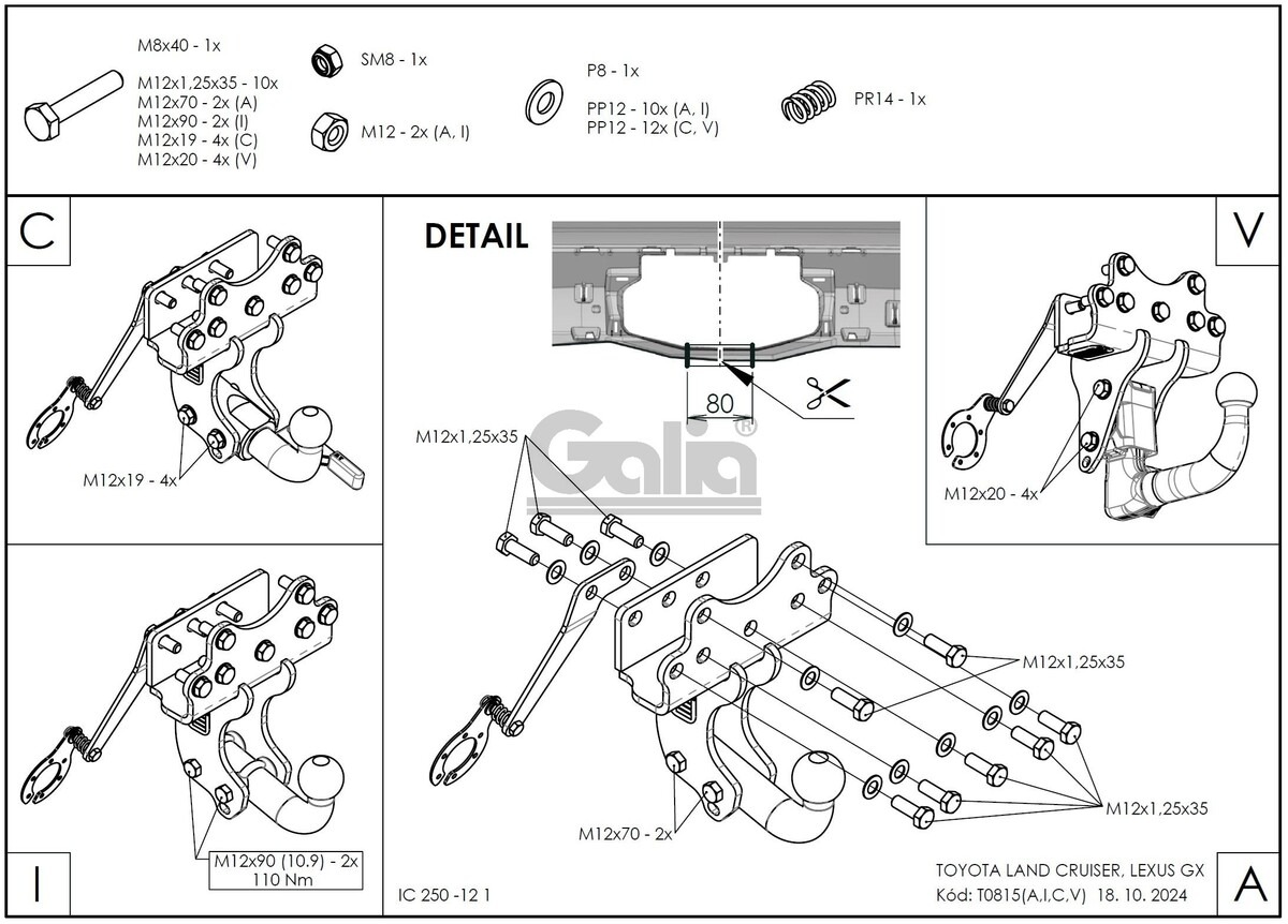 Фаркоп оцинкованный GALIA для Toyota Land Cruiser (Mk.V) J250 2023-/ Lexus GX J250 (Mk.III) 2023- шар A
