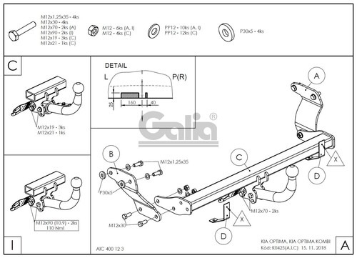 Фаркоп оцинкованный GALIA для Kia Optima SW универсал JF (Mk.IV) (кроме дизель и гибрид) 2015-2020 шар C