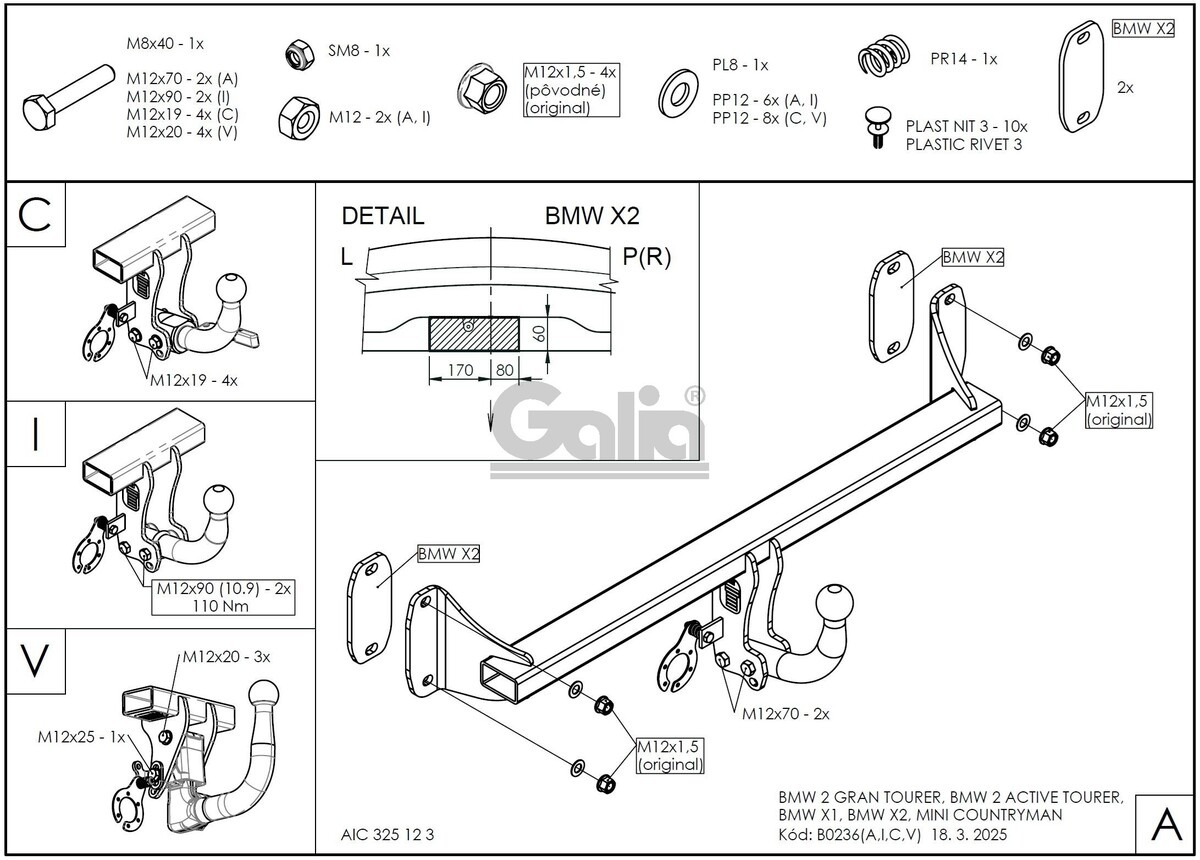 Оцинкованный фаркоп GALIA для MINI Countryman 2017-2024 /  MINI Clubman 2015-2024 /  BMW X2 F39 2018-2024 / BMW X1 F48 07/2015-2022 / BMW 2-Series Active Tourer F45 2014-2021/ BMW 2-Series Gran Tourer F46 2015-2021 Шар V