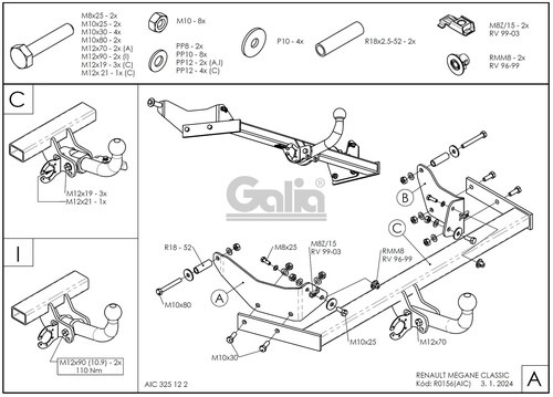 Оцинкованный фаркоп GALIA для Renault Megane (Mk.I седан) 1996-2003 Шар А