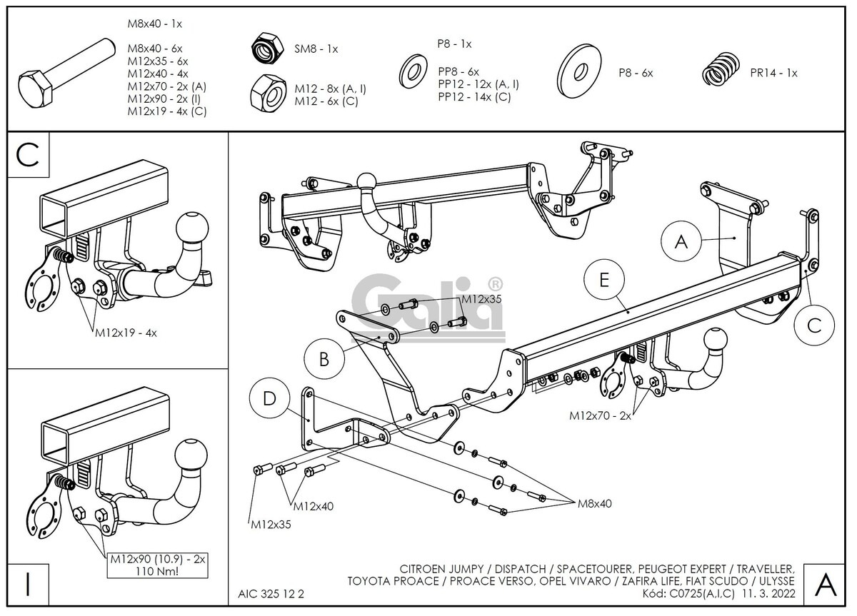 Фаркоп GALIA оцинк. для Citroen Spacetourer 2016-/ Peugeot Traveller 2016-/ Citroen Jumpy 2016-/ Peugeot Expert 2016-/ Toyota Proace 2016-/ Opel Zafira LIfe 2019-/ Opel Vivaro 2019-/ FIAT Scudo 2022-/ FIAT Ulysse 2022-/ Citroen Dispatch 2016- шар V фото 2