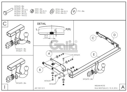 Оцинкованный фаркоп GALIA для Nissan Note E12 (Mk.II) 2013-2020 Шар А