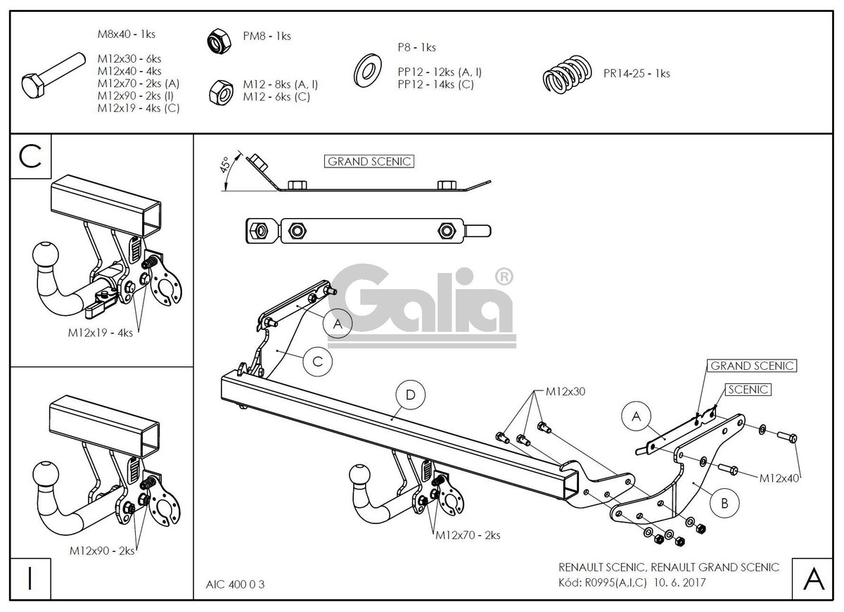 Фаркоп оцинкованный GALIA для Renault Scenic J9 (Mk.IV) 2016-2022, Renault Grand Scenic R9 (Mk.III) 2016-2022 шар А