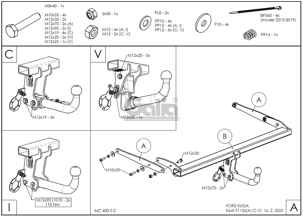 Быстросъёмный оцинкованный фаркоп GALIA для  Ford Kuga (Mk.I/Mk.II) 2008-2020 Шар AV