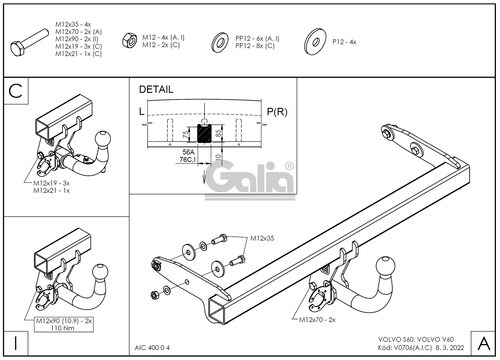 Оцинкованный фаркоп GALIA для Volvo S60 (Mk.II) 2010-2019 /  Volvo V60 (Mk.I) 2010-2019 Шар А