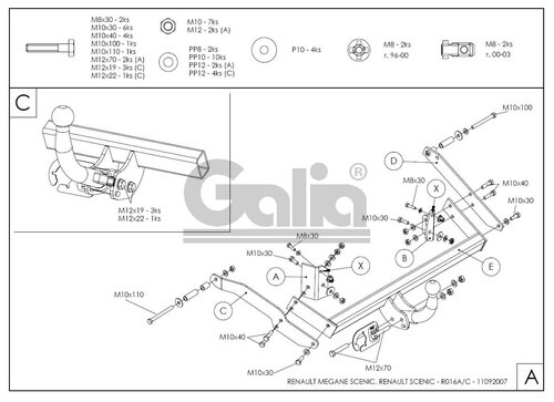 Фаркоп оцинкованный GALIA для Renault Scenic JM (Mk.I) 1996-2003 шар А