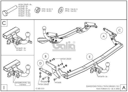 Фаркоп оцинкованный GALIA для KGM Tivoli (Mk.I) 2023-/ SsangYong Tivoli (Mk.I) 2015-2018 (кроме 4WD)/ SsangYong XLV (Mk.I) 2016-2018 (2WD, 4WD) шар V