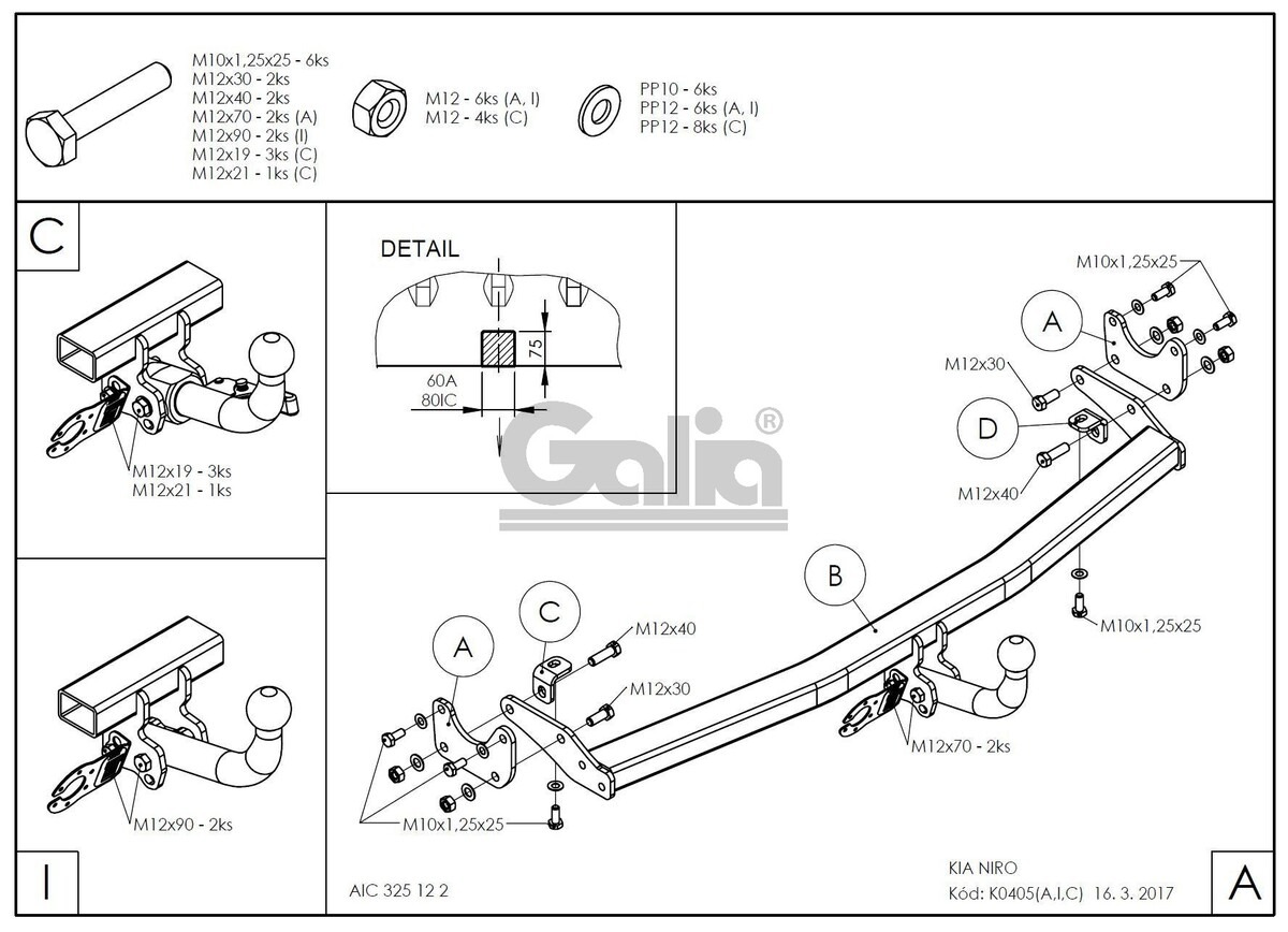 Оцинкованный фаркоп  GALIA для  Kia Niro DE (MK.I) 2016-2021 Шар А